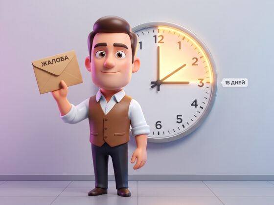 Продавец держит конверт с надписью «Жалоба» на фоне настенных часов с подсвеченным сектором «15 дней»