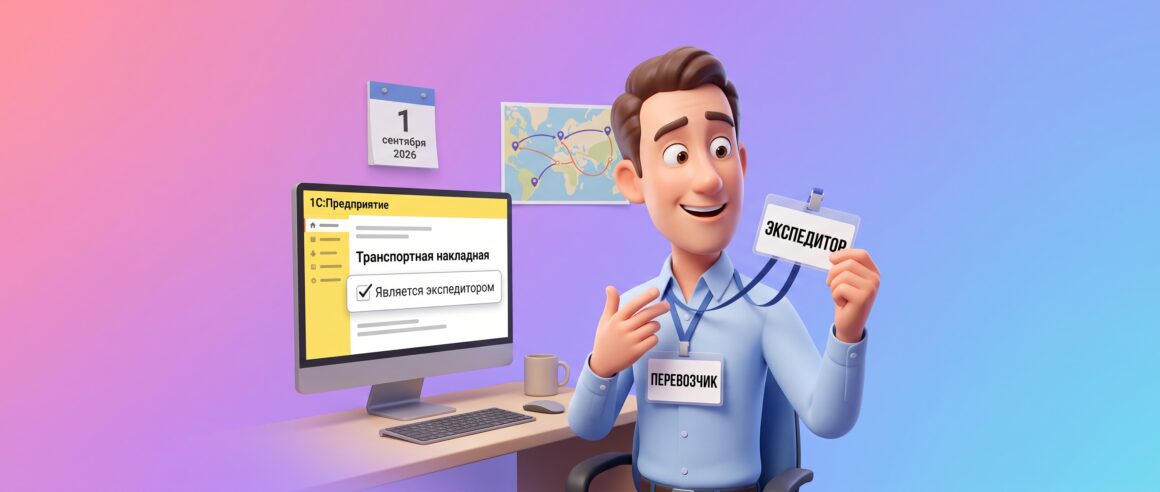 Сотрудник с бейджем «Перевозчик» разглядывает второй бейдж «Экспедитор», рядом монитор с транспортной накладной в 1С и отмеченной галочкой «Является экспедитором»