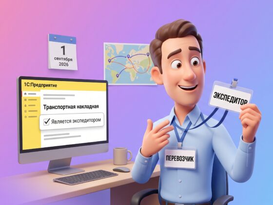 Сотрудник с бейджем «Перевозчик» разглядывает второй бейдж «Экспедитор», рядом монитор с транспортной накладной в 1С и отмеченной галочкой «Является экспедитором»