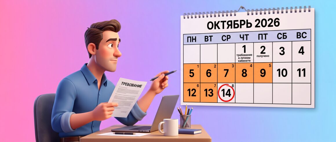 Мужчина за столом с бланком требования смотрит на настенный календарь октября 2026 года: 1 октября требование в личном кабинете, 2 октября получено, рабочие дни с 5 по 14 октября отмечены, 14 октября обведено