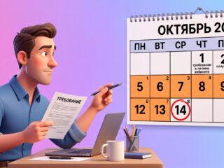 Мужчина за столом с бланком требования смотрит на настенный календарь октября 2026 года: 1 октября требование в личном кабинете, 2 октября получено, рабочие дни с 5 по 14 октября отмечены, 14 октября обведено